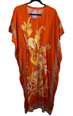 KA Kenanga Ayu‎ Kaftan Dress OSFM Orange Floral Boho Maxi Caftan Cover Up NWT thumbnail 1