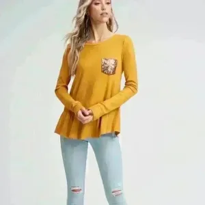 White Birch 9. Mustard Thermal Top with Sequin Pocket and‎ Buttons thumbnail 4