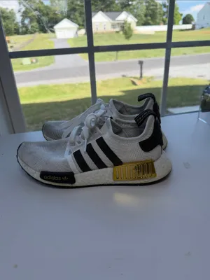 adidas boost White Athletic Sneakers with Black Stripes and Gold Accents thumbnail 3