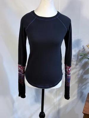 Free People Mixed Up Cuff Thermal Top Waffle Knit Boho Pattern Knit Cuff Sz S🧡 thumbnail 4