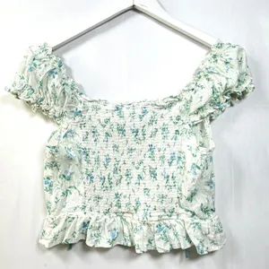 Mine Floral Swiss Dot Crop Top Lace Ribbon Puff Sleeve White Blue Women's‎ L thumbnail 6
