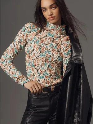 Anthropologie Dolan Left Coast Printed Pebble-Smocked Turtleneck Top size small thumbnail 1