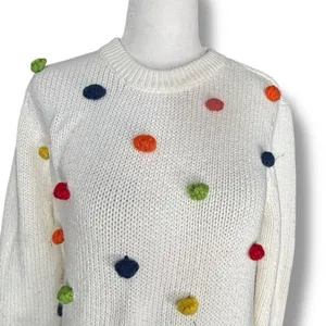 ModCloth White Knit Sweater Multicolor Rainbow Pom Poms Polka Dot Crewneck‎ thumbnail 2