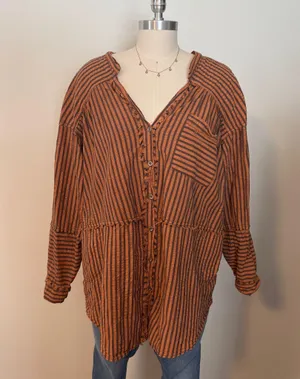 Free People Brown Striped Tunic Buttondown Top thumbnail 3
