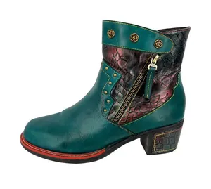 Boho Lagenlook Festival Teal Leather Ankle Boots Snake Print Stud Detail Size 42 thumbnail 1