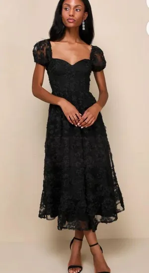 Lulus Black mesh floral applique midi dress thumbnail 1