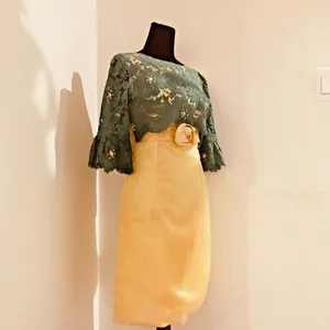 UNBRANDED Hand-Made Vintage 60s Green Lace Yellow Satin Beaded Fitted Dress XXS thumbnail 3