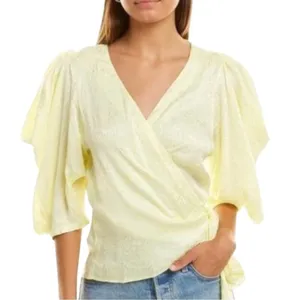 Krisa Womens Yellow Snake Print Jacquard Wrap Blouse‎ Puff Sleeve XS thumbnail 12