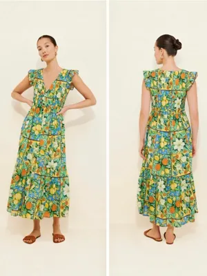 Anthropologie Peregrine Flutter Sleeve Maxi Dress In Fruit Motif XS thumbnail 2