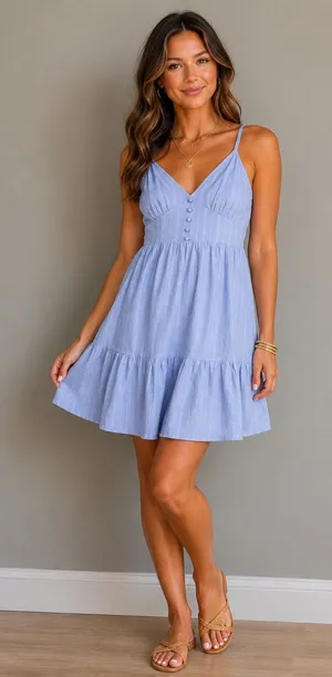 SHEIN Blue Babydoll Mini Dress Cami Tiered Coquette‎ Cottagecore Size L thumbnail 1