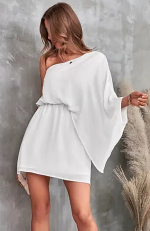 The Impeccable Pig White Solid One-Shoulder Long Sleeve Pullover Mini Dress S thumbnail 1