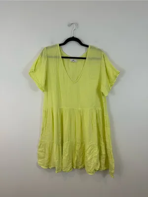 Ripcurl Lightweight Yellow V-Neck Gauzy Short Sleeve Tiered Mini Dress Size 2XL thumbnail 2