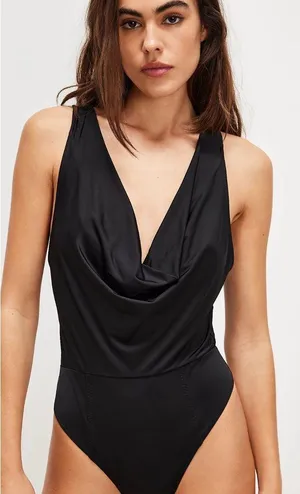 Free People Bodysuit when and Where cowl neck thong small black drapey thumbnail 1