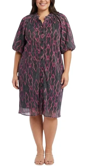 Ciebon Plisse Button Front Puff Sleeve‎ Ikat Dress Pink Purple Black Size 1X NEW thumbnail 1