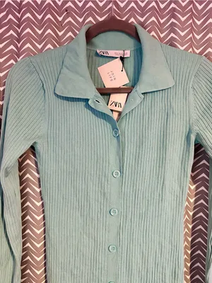 NWT Zara | Light Blue Ribbed Knit Polo Dress, Medium thumbnail 4
