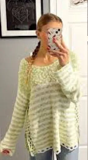 Free People Crochet Loose Fit Scoop Neck Striped Green & White thumbnail 1