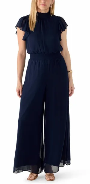 MSK Chiffon Smocked-Trim Flutter-Sleeve Wide-Leg Jumpsuit in Black, Size XL, NWT thumbnail 1