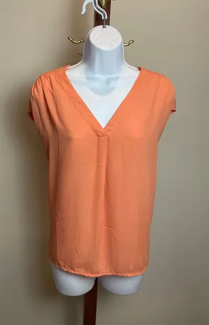 Ann Taylor Factory Peach Chiffon V Neck Cap Sleeve Top Size M thumbnail 1