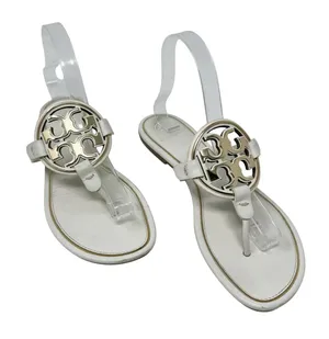 Tory Burch Miller Ivory Leather Logo Medallion Flat Sandals Size 9.5 thumbnail 1