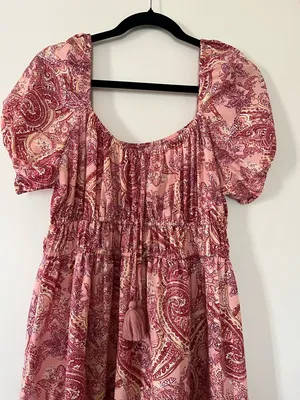 Boho Paisley Midi Dress Large Puff Sleeve Flowy Romantic Tassel Festival thumbnail 2