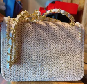 Woven Straw Crossbody Bag Cream & Gold Chain Shoulder Purse thumbnail 5