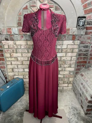formal dress prom maroon wine red lace beaded fringe thumbnail 2
