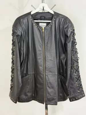 Vintage Women’s Black Leather Jacket Lace Up Studded Biker Y2K Punk Goth Size S thumbnail 1