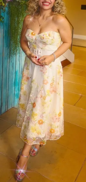 Dress The Population Mabel Strapless Beaded Floral Midi Dress in Ivory Combo M thumbnail 1