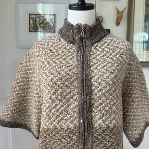 Aran Crafts 2 Way Zip 100% Wool Sweater Colorblock Tweed Half Sleeves Ireland M thumbnail 2