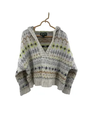 American Eagle Cozy Cream Fair Isle V-Neck hooded Sweater wool blend XL winter thumbnail 2