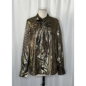 REISS Kendall Metallic Animal Print Tie Neck Blouse Gold Buttondown Size 8 thumbnail 2