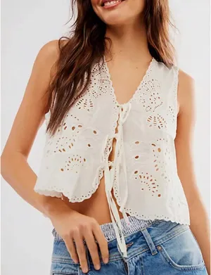 White eyelet tie front top thumbnail 1