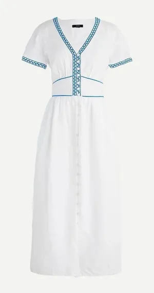 J.Crew White 100% Linen Embroidered Midi Dress Blue Ric Rac Button Front Size 2 thumbnail 1
