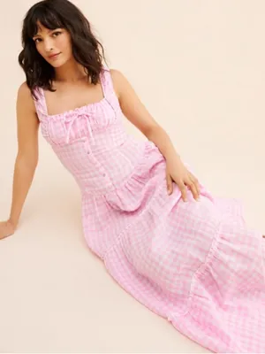 FRANKIE’S BIKINIS‎ Cristabelle Linen Maxi Dress Pink White Gingham Cottagecore thumbnail 1
