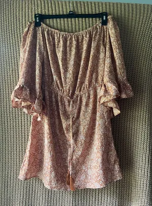 Blush Rust Paisley Off-Shoulder Midi Dress with Tassel Tie thumbnail 1