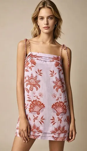 NWOT Linen Floral Tie Spaghetti Strap Pleated Layered Mini Dress Purple Size L thumbnail 1