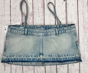 ZARA NWT Cropped Denim Jean Top Distressed w/ Spaghetti Straps Light Blue Wash thumbnail 6
