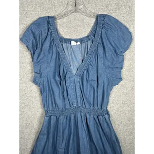 GAP Large Womens Dress Puff Sleeve Denim Midi‎ V-Neck 100% Cotton Medium Wash thumbnail 6
