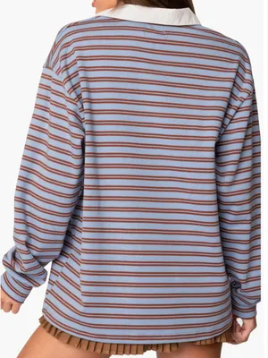 Edikted Stripe Long Sleeve Oversize Polo Fall Oversized Small thumbnail 2
