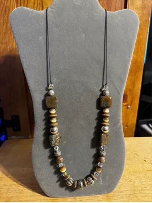 Beaded gemstone, wood plastic statement necklace Brown thumbnail 1