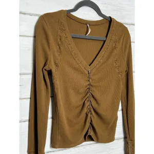 Free People Wear Me Out Brown Waffle Knit Ruched Mesh Sleeve Top Small thumbnail 10