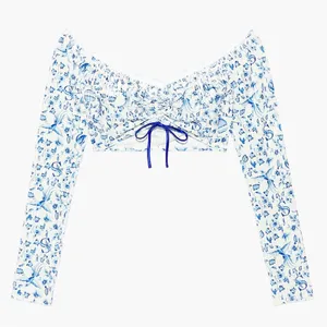NWT Savage X Fenty Blue White Floral Velvet Off Shoulder Crop Top XS thumbnail 8
