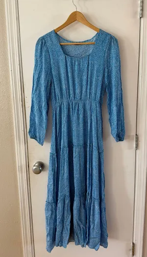 Blue Floral Long Sleeve Flowly Long Dress thumbnail 1