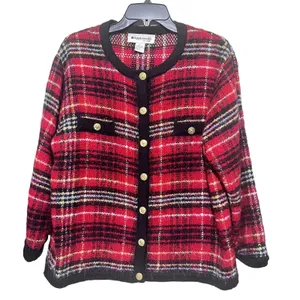 VTG Appleseeds Red Plaid Mohair Blend Cardigan Sweater Gold Button Jacket Large thumbnail 2