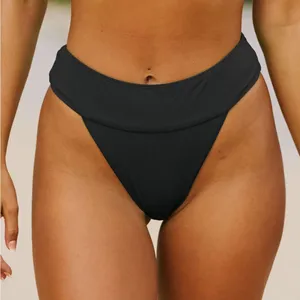 Berlook Black Ribbed High Cut Wide Waistband Bikini Bottom ONLY 02 thumbnail 1