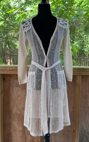 Ryu Women's Open Knit Longline Lace Trim Cardigan Color Blush Size S. NEW thumbnail 1