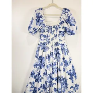 Abercrombie Fitch Midi Dress Blue Emerson Poplin Floral Puffed Pleated Boho XS thumbnail 8