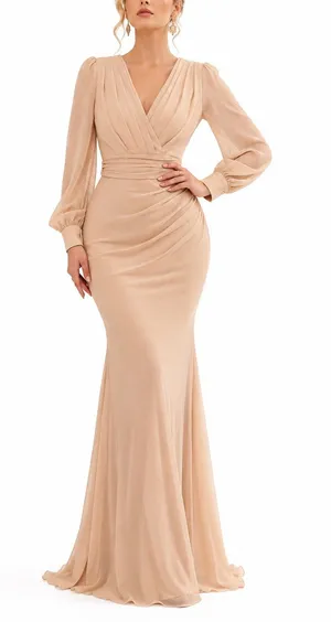 Faeriesty Champagne Ruched V Neck Long Sleeve Mermaid Formal Gown Size XL thumbnail 1
