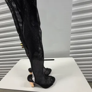 Bamboo Black Fishnet Mesh Thigh High Boots Rose Gold Block Heel Open Toe Size 8 thumbnail 2
