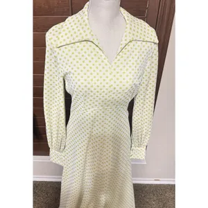 Vintage Maxi Dress 70s Yellow Polka Dot Homemade Prom Dagger Collar Mod‎ Sz S thumbnail 2